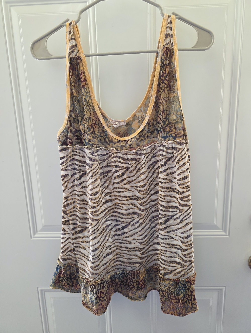 Sleeveless Mixed-Print Zebra Tank Top in Beige and Brown Size Large